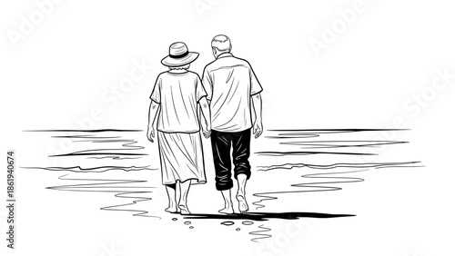 Elderly couple walking barefoot on tropical beach with loving bond against calm ocean