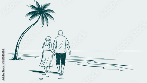 Elderly couple walking barefoot on tropical beach with romantic mood against serene backdrop