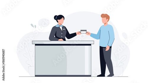 Hotel receptionist handing keycard to guest with polite gesture on soft background