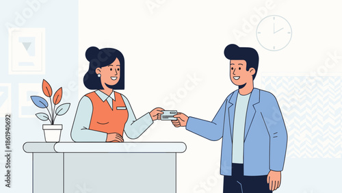 Hotel receptionist handing keycard to guest with friendly smile on modern office background