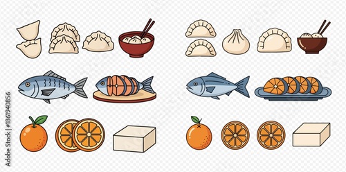 Collection of various Asian food items including dumplings, fish, rice, oranges, and tofu in a cartoon style.