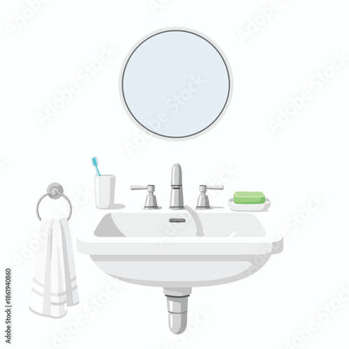 A minimalist bathroom interior featuring a sink, mirror, and towel