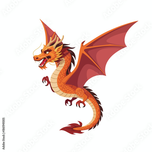 A detailed cartoon of an orange dragon with open wings, isolated on white