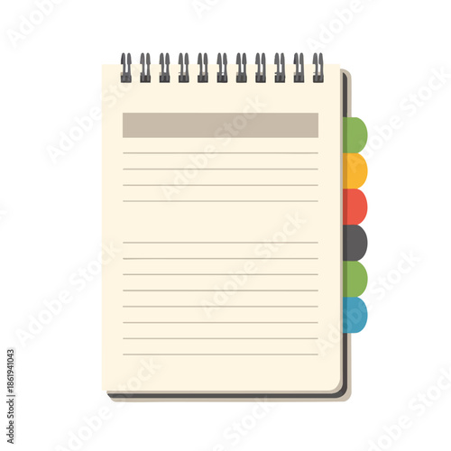 Illustration of a lined notebook with colored tabs and a spiral binding