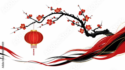 Elegant Chinese New Year illustration with red lantern, plum blossoms, and flowing ribbons on a white background.
