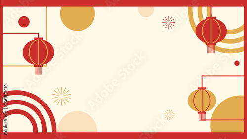 A festive background with red lanterns, gold circles, and starbursts, perfect for Chinese New Year celebrations.