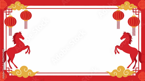 Festive Chinese New Year background with red horses, lanterns, and golden clouds, featuring a central white space for text.
