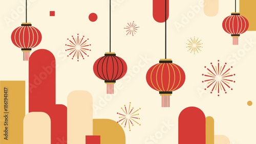 Festive illustration with red Chinese lanterns and abstract shapes on a light background, celebrating cultural traditions.