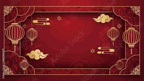 A vibrant red and gold traditional Chinese background with hanging lanterns and auspicious clouds, perfect for festive occasions.