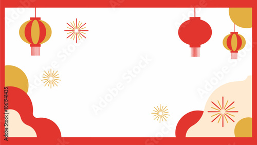 Festive red and white background with traditional Chinese lanterns and abstract golden elements, perfect for cultural celebrations.