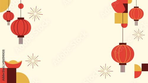 Festive Chinese New Year background with hanging red lanterns, gold ingots, and abstract geometric shapes for celebration.