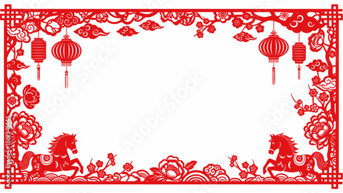 Traditional Chinese red paper-cut frame with horses, lanterns, and flowers for festive celebrations.