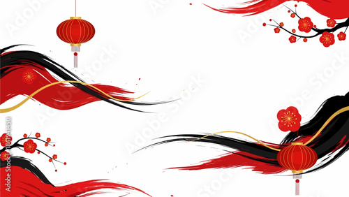 Vibrant red and black brush stroke background with traditional Chinese lanterns and plum blossoms, celebrating Asian culture and festivities.