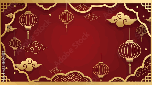 Red background with golden Chinese lanterns, traditional clouds, and ornate border, celebrating cultural festivities.