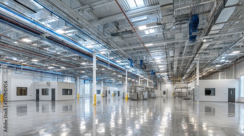 Expansive interior shot of a gleaming factory floor, high ceilings, exposed ductwork, and minimal architecture