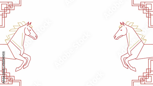 Two stylized red and yellow outline horses rearing with traditional corner patterns on a white background.