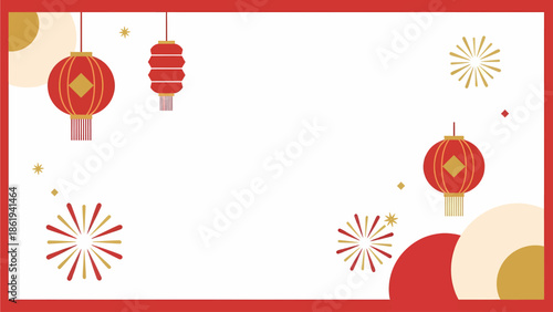 A festive red and white background with traditional Chinese lanterns and stylized fireworks, perfect for cultural celebrations.
