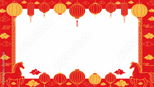 A vibrant red and gold traditional Chinese frame with lanterns, clouds, and horse motifs, perfect for festive occasions.