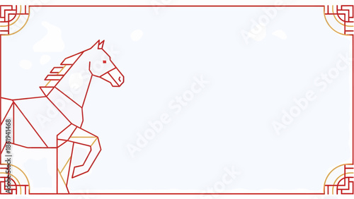 Geometric red outline of a horse in a dynamic pose with traditional Asian decorative borders on a white background.