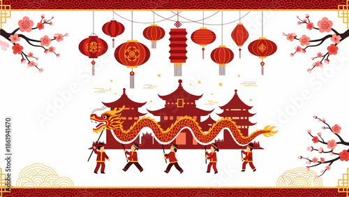 A vibrant illustration of a traditional Chinese New Year celebration with a dragon dance, lanterns, and ancient buildings.