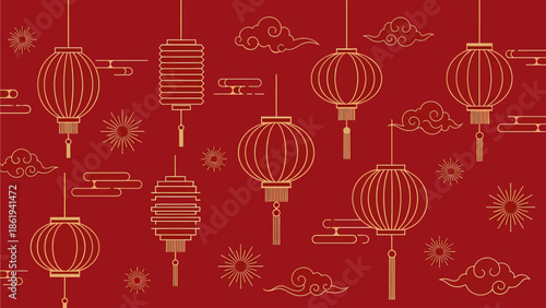 Red background with golden Chinese lanterns, traditional clouds, and festive patterns.
