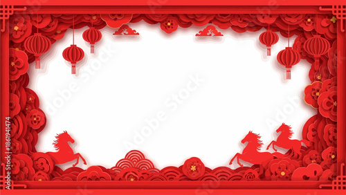 A vibrant red Chinese New Year frame with traditional paper-cut lanterns, horses, and floral patterns, perfect for festive greetings and celebrations.