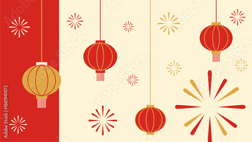 Festive illustration with red and gold Chinese lanterns and fireworks on a split background, celebrating cultural traditions.
