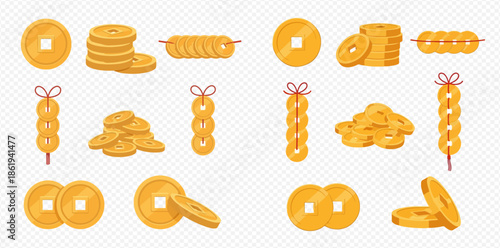Set of traditional Chinese golden coins in various arrangements for prosperity and good fortune.