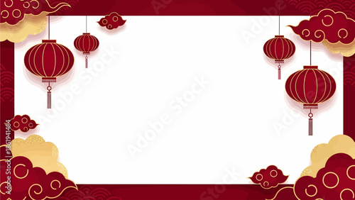 A festive red and gold Chinese New Year frame with traditional lanterns and auspicious clouds.