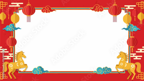 Red Chinese New Year frame with golden horses, lanterns, and auspicious clouds for festive greetings.