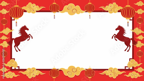 Chinese New Year frame with red lanterns, golden clouds, and two rearing horses on a vibrant red background.