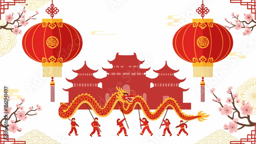 Vibrant Chinese New Year celebration with dragon dance, traditional lanterns, and ancient buildings.
