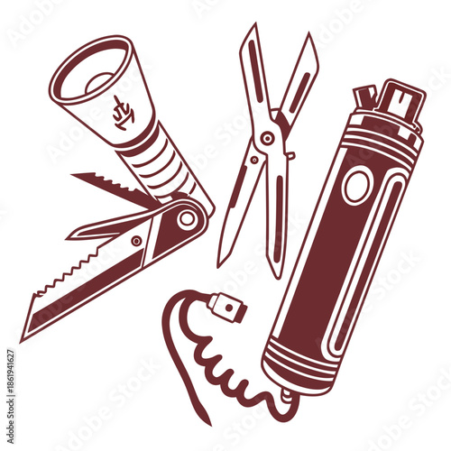 Personal Utility Items: Torch, Lighter, and Multitool Vector Icon