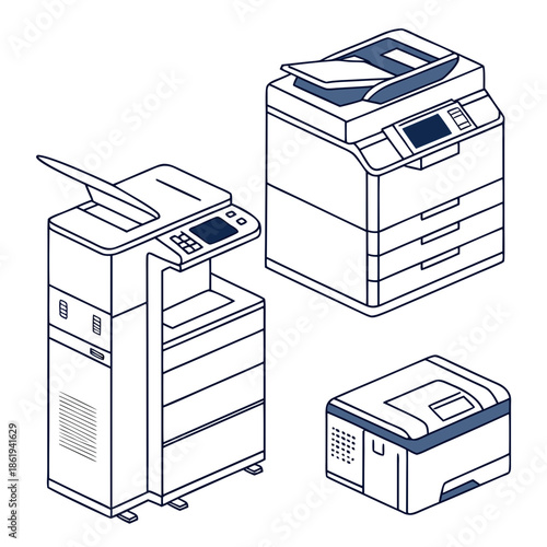 Office Electronic Machines: Printer, Scanner, Copier Vector Icons