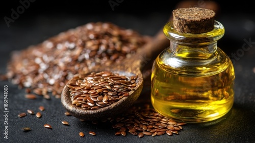 Golden flaxseed oil with wooden spoon and brown seeds on dark background.