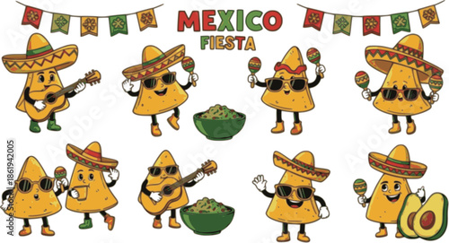 Groovy mexican nachos chips characters at Mexico fiesta party, vector corn tortilla food. Cartoon groovy hippie nacho chips with sombrero hats, guitar, avocado guacamole, maracas and sunglasses