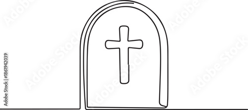 A hand-drawn doodle sketch style representation of an arched cemetery monument, symbolizing death, loss, and remembrance.