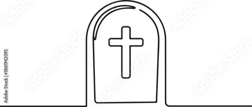 A minimalist black and white line art illustration of a grave marker or headstone with a Christian cross engraved on it.