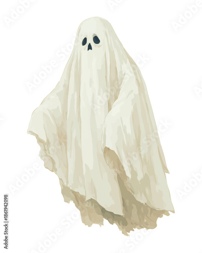 Creepy ghost in white sheet with black eyes, spooky Halloween illustration, scary phantom or spirit art