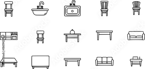 Top view of set furniture elements outline symbol for dining room, office, cafe, kitchen and living room. Interior icon chair, sink, table and sofa.
