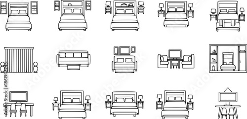 Top view of set furniture elements outline symbol for dining room, office, cafe, kitchen and living room. Interior icon chair, sink, table and sofa.
