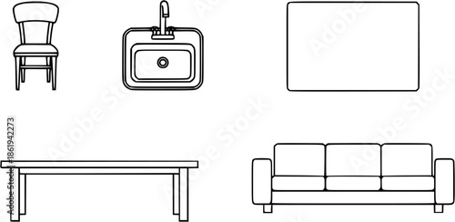 Top view of set furniture elements outline symbol for dining room, office, cafe, kitchen and living room. Interior icon chair, sink, table and sofa.
