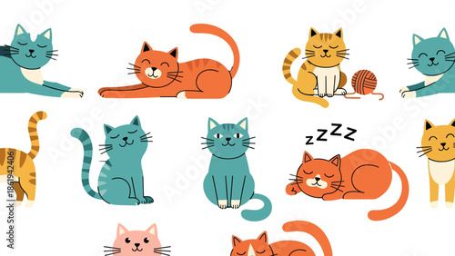 Various cartoon cats resting and sleeping in different poses and colors on a white background