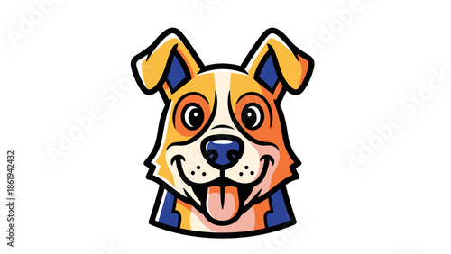A happy dog illustration with a colorful collar and tongue out, facing forward with a white background