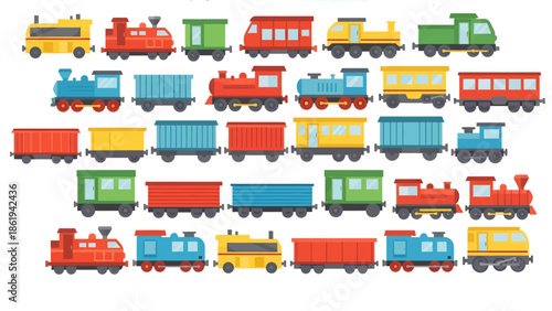 Colorful illustration of various toy trains and locomotives arranged in rows on a white background