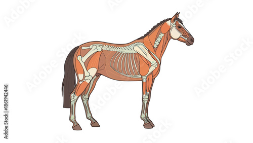 Detailed anatomical illustration of a horse's skeletal and muscular system standing in profile view