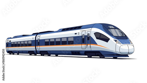 Modern high-speed train traveling through a scenic landscape viewed from the side