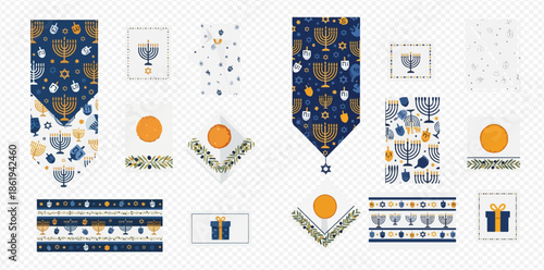 Hanukkah holiday collection with menorah, dreidel, and Star of David patterns and elements.