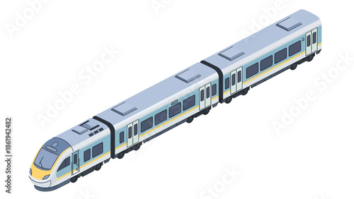 Modern electric train traveling through urban landscape viewed from above