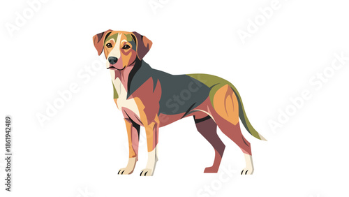 A colorful illustration of a dog standing on a white background from a side viewpoint